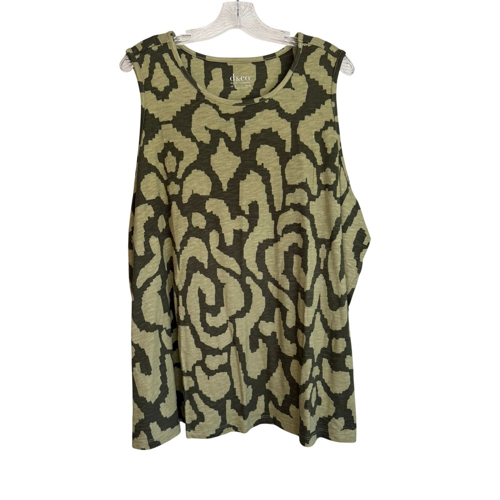 Denim &‎ Co Olive Green Black Abstract Print Tank Top Sleeveless 3X A654663